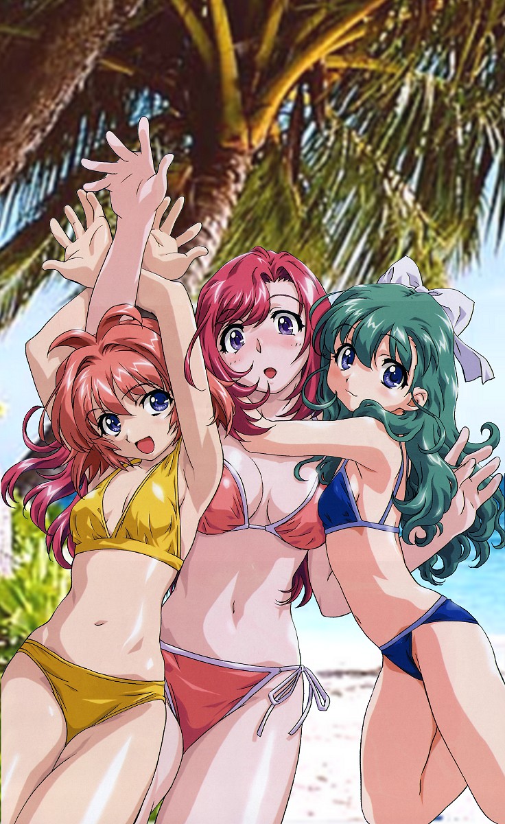 3girls antenna_hair armpits arms_up beach bikini blue_eyes blush bow breast_press breasts cleavage flat_chest green_hair hairbow highres hug jumping kazami_mizuho long_hair milf miyafuji_miina multiple_girls navel onegai_teacher onegai_twins onodera_karen open_mouth outdoors palm_tree photo_background pink_hair purple_eyes red_hair short_hair side-tie_bikini swimsuit tankini teacher tree uon_taraku water wavy_hair