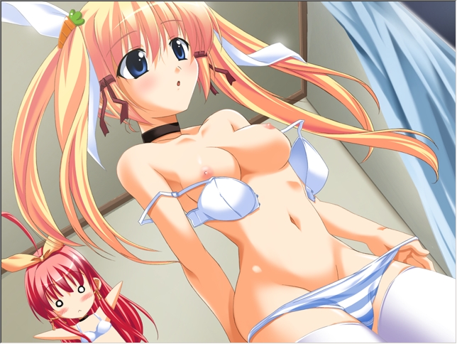 2girls ahoge blonde_hair blue_eyes blue_panties blush bra breasts choker dutch_angle female female_only game_cg ichinose_mai ichinose_uta lingerie long_hair multiple_girls nipples open_bra panties panty_pull papikon pink_hair red_hair siblings sisters souryuu standing striped striped_panties thighhighs tied_hair twintails underwear undressing wardrobe_malfunction white_bra white_legwear white_thighhighs