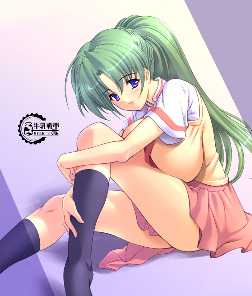 07th_expansion 1girls black_socks breasts female footwear gunner-l higurashi_no_naku_koro_ni huge_breasts knee_hug knee_socks kneehighs kneesocks leg_hug mion_sonozaki socks solo