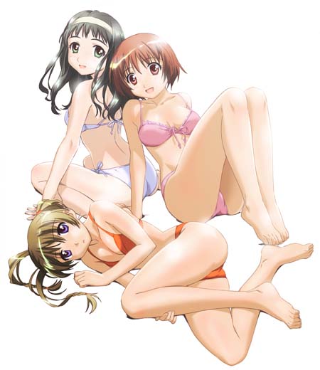 bandana barefoot bikini breasts cleavage exif_thumbnail_surprise feet kamiizumi_yasuna kashimashi kurusu_tomari legs lowres osaragi_hazumu side-tie_bikini smile swimsuit toes