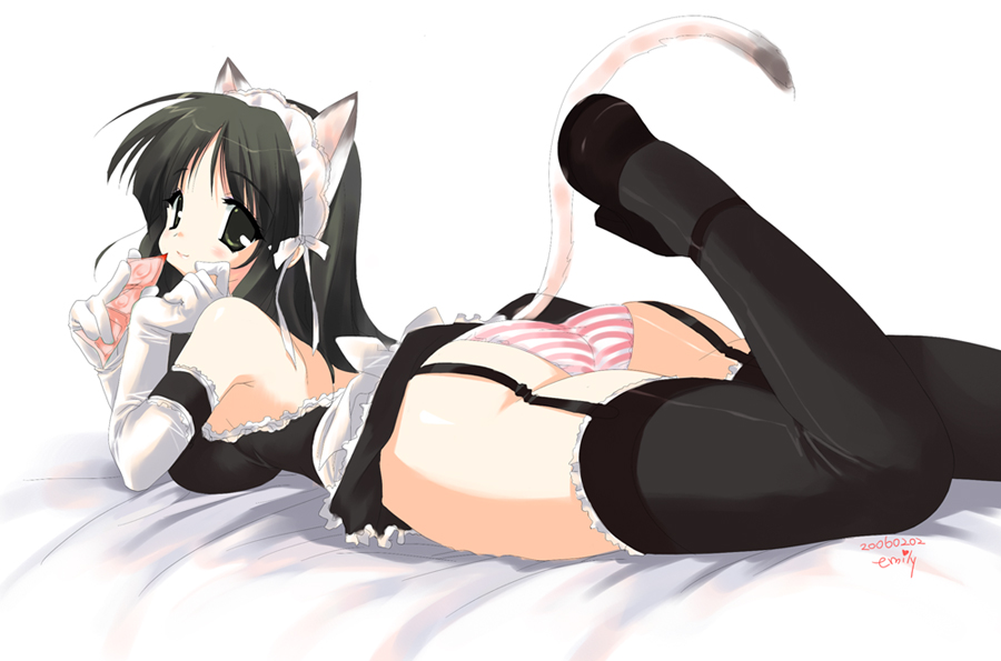 1girls animal_ears apron arm_garter ass bed black_dress black_eyes black_hair black_legwear black_thighhighs cat_ears cat_tail catgirl condom dress elbow_gloves frilled_thighhighs frills garter_belt gloves leg_lift light-skinned_female light_skin lingerie long_hair looking_back lying maid on_stomach original panties pantyshot pantyshot_(lying) pink_panties plump shimapan short_dress striped striped_panties tail thighhighs underwear unopened_condom_wrapper upskirt vip_quality