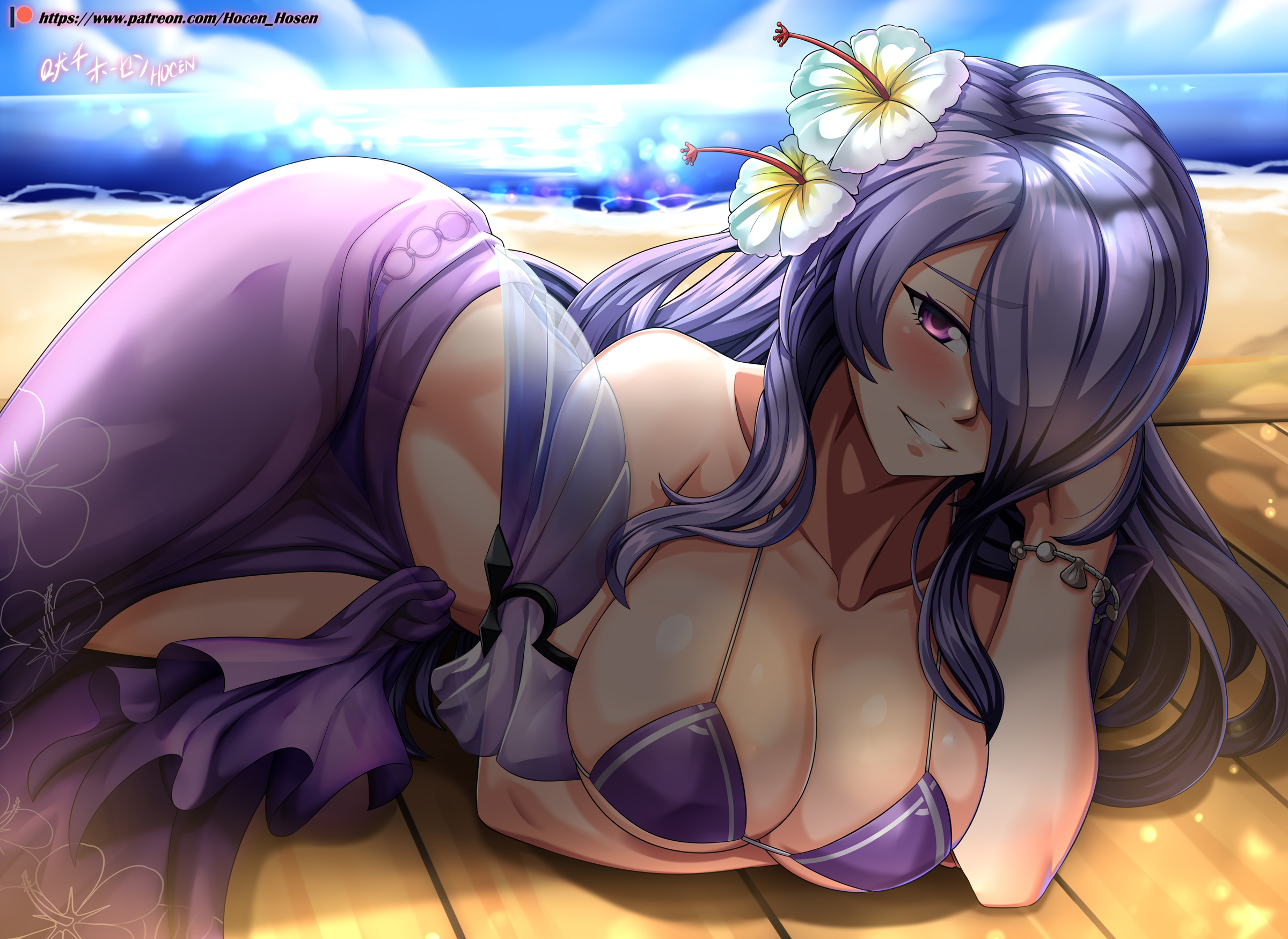 1girls, beach, bikini, breasts, camilla (fire emblem), cleavage, female, fire emblem, fire emblem fates, fire emblem heroes, flower, flower in hair, hocen, large breasts, long hair, looking at viewer, lying, nintendo, ocean, on side, one eye covered, purple eyes, purple hair, sand, sea, seaside, see-through, solo, swimsuit, thick thighs, thighs, veil, voluptuous, water, wide hips
