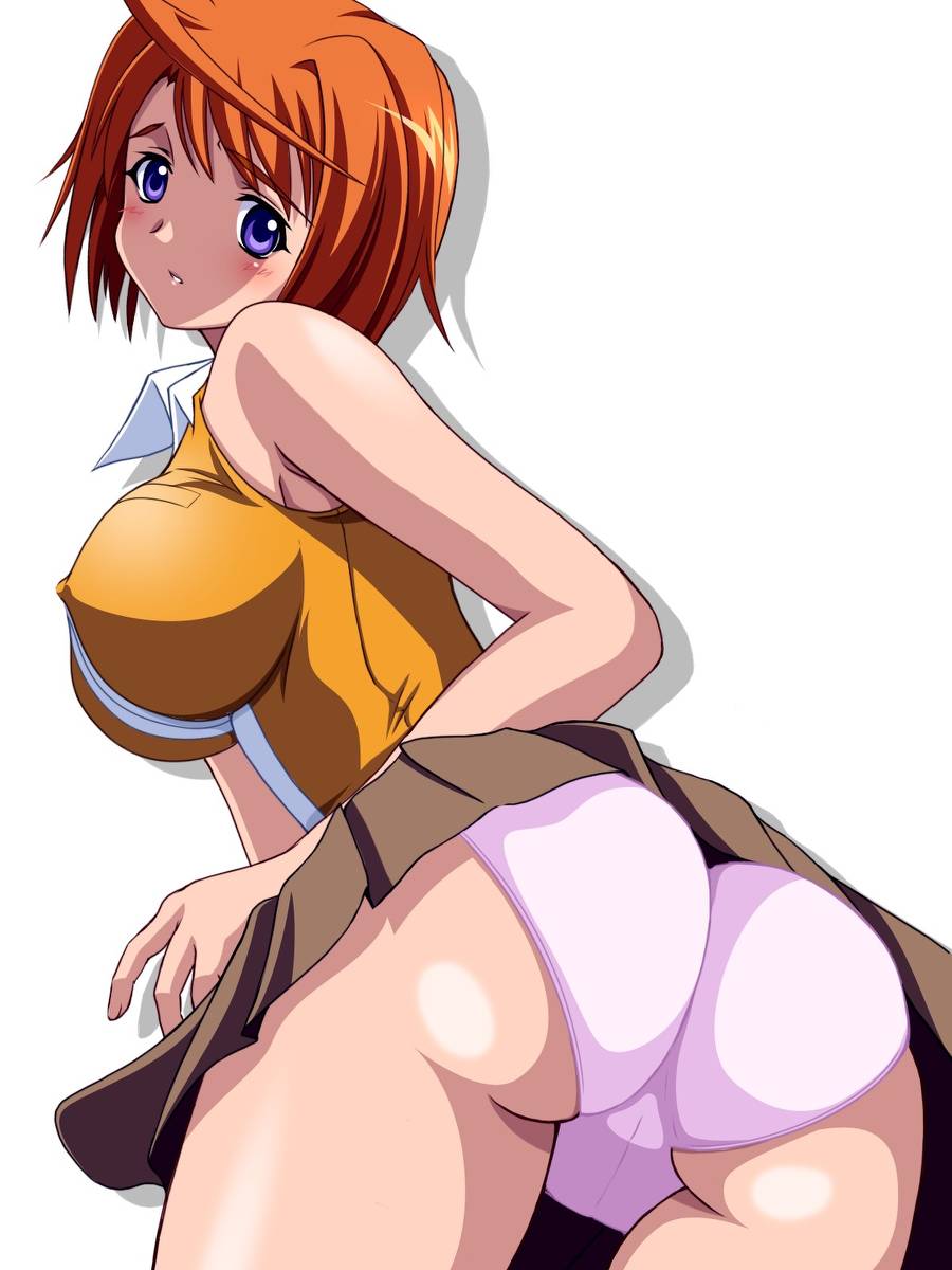 1girls ahoge artist_request ass blush breasts clothing erect_nipples erect_nipples_under_clothes female from_behind highres large_breasts looking_back mai_hime medium_breasts my-hime orange_hair panties pleated_skirt purple_eyes purple_panties red_hair school_uniform serafuku skirt solo tokiha_mai trefoil underwear