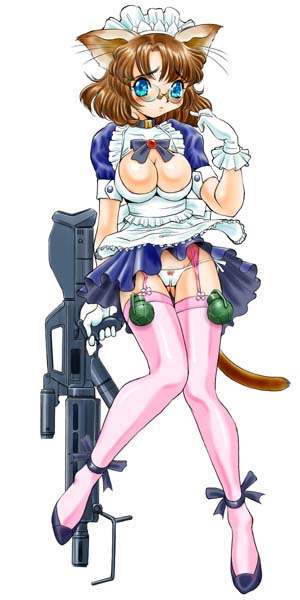 animal_ears bow bow_panties cat_ears combat_maid explosive garter_belt glasses gloves grenade gun high_heels lingerie lowleg lowleg_panties maid panties pink_legwear pink_thighhighs shoes thigh_gap thighhighs thighs underwear weapon white_panties