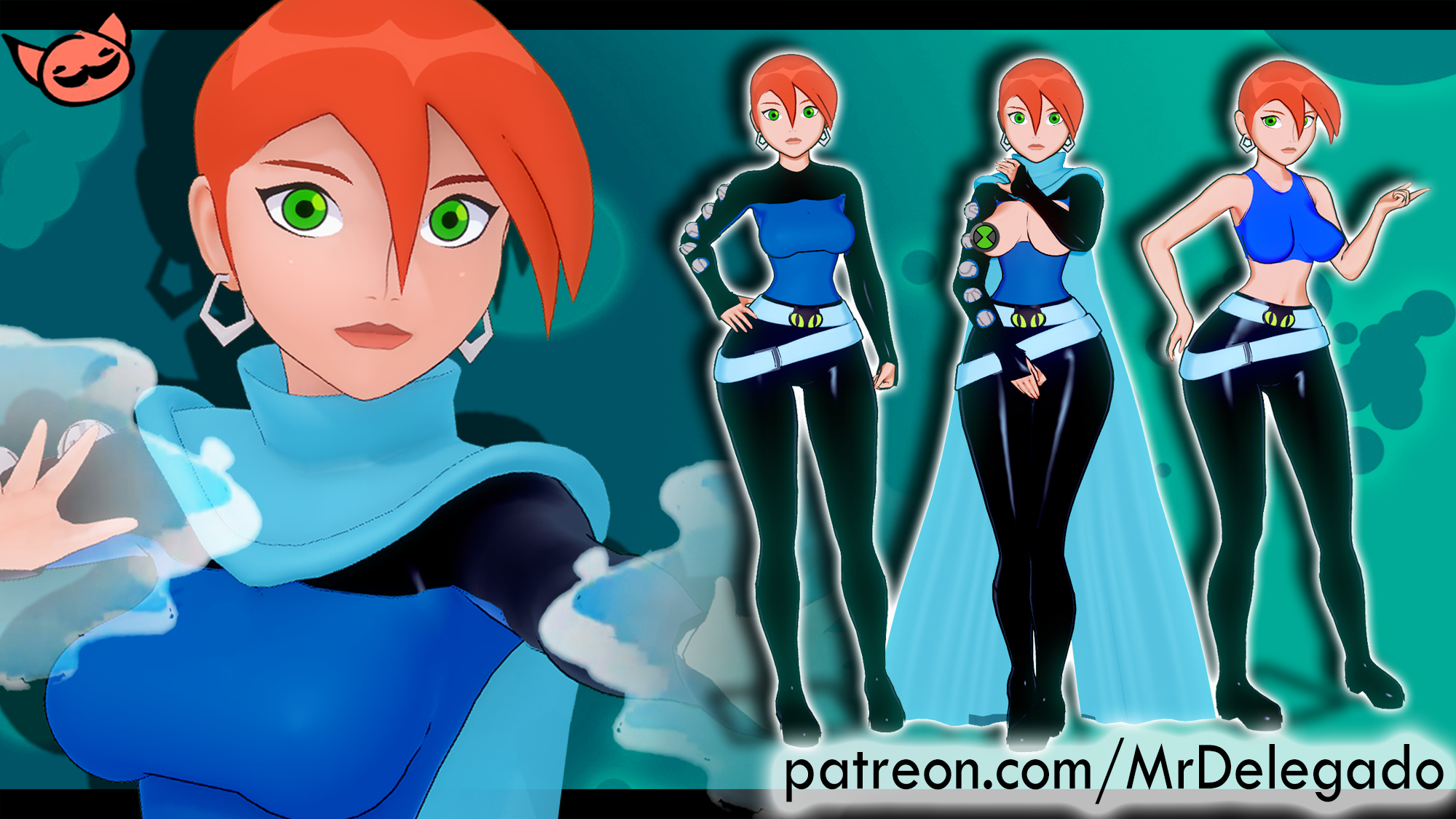 1girls, 3d, 3d model, adult, aged up, ass, ben 10, ben 10 (classic), big ass, big breasts, big butt, big ears, big eyes, black rubber, bodysuit, breasts, dressed, female, future gwen, future gwen (ben 10,000), green eyes, gwen tennyson, jpeg, mr. delegado, multiple poses, no bra, orange hair, pose, red hair, rubber, rubber clothing, short hair, smile, smiley face