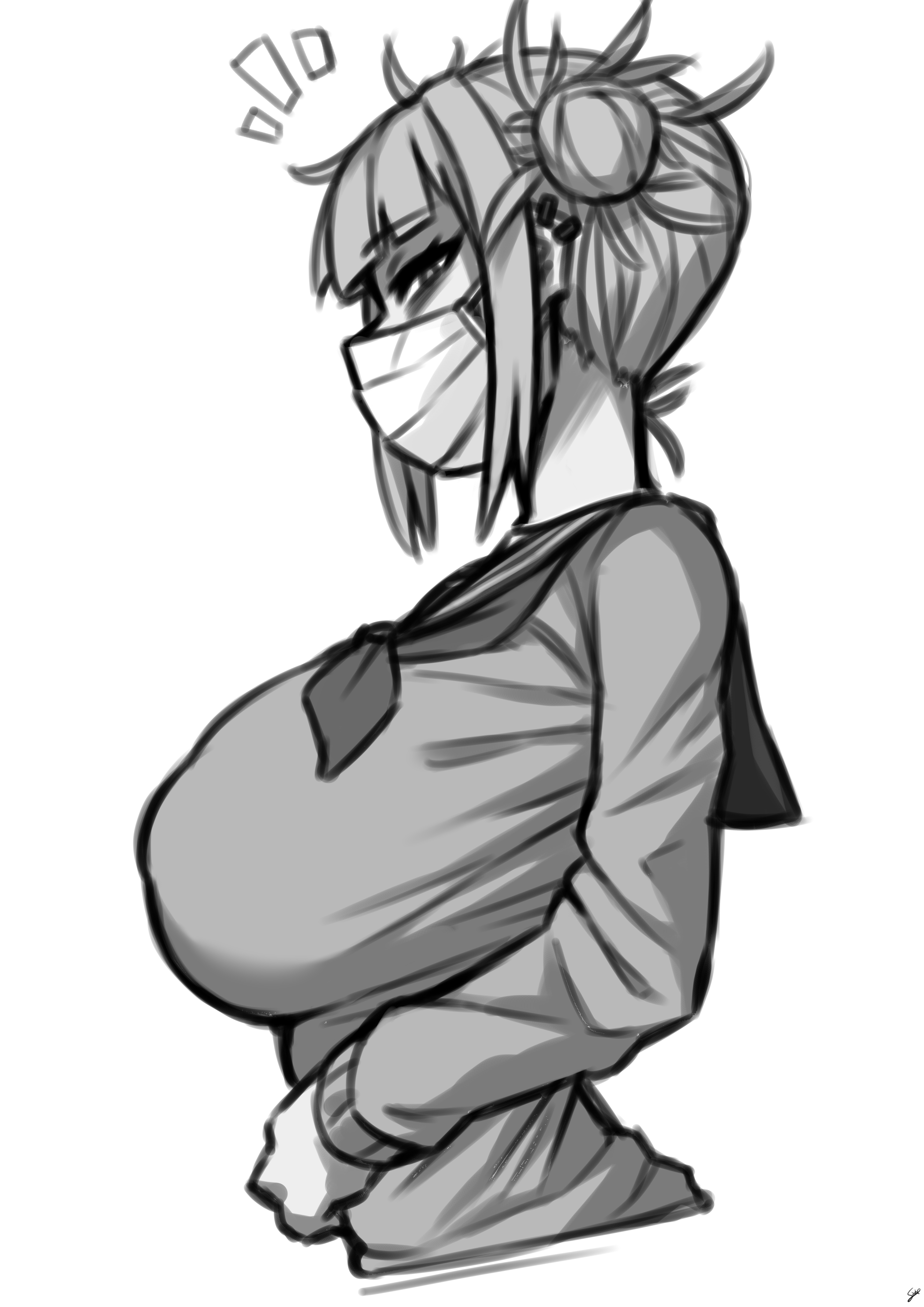 alternate breast size, alternate version available, blonde hair, breasts, coffeelove68, ear studs, earrings, facemask, female, greyscale, hair buns, himiko toga, huge breasts, jewelry, looking at viewer, mask, messy hair, my hero academia, school uniform, short hair, yellow eyes