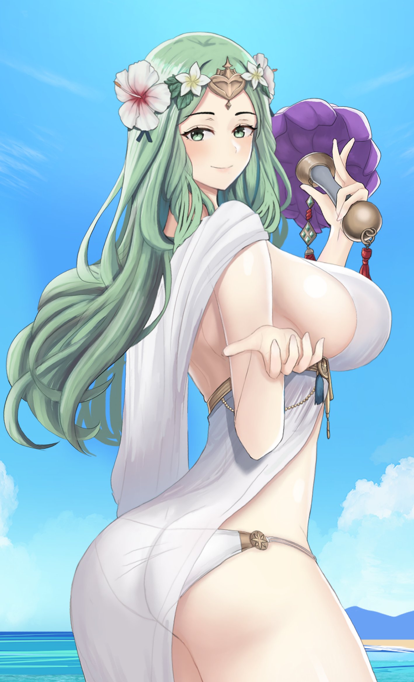 alternate costume, ass, bikini, breasts, desspie, female, female only, fire emblem, fire emblem heroes, fire emblem: three houses, flower, large ass, large breasts, nintendo, official alternate costume, rhea (fire emblem), rhea (summer) (fire emblem), sideboob, solo, swimsuit, white bikini, white swimsuit