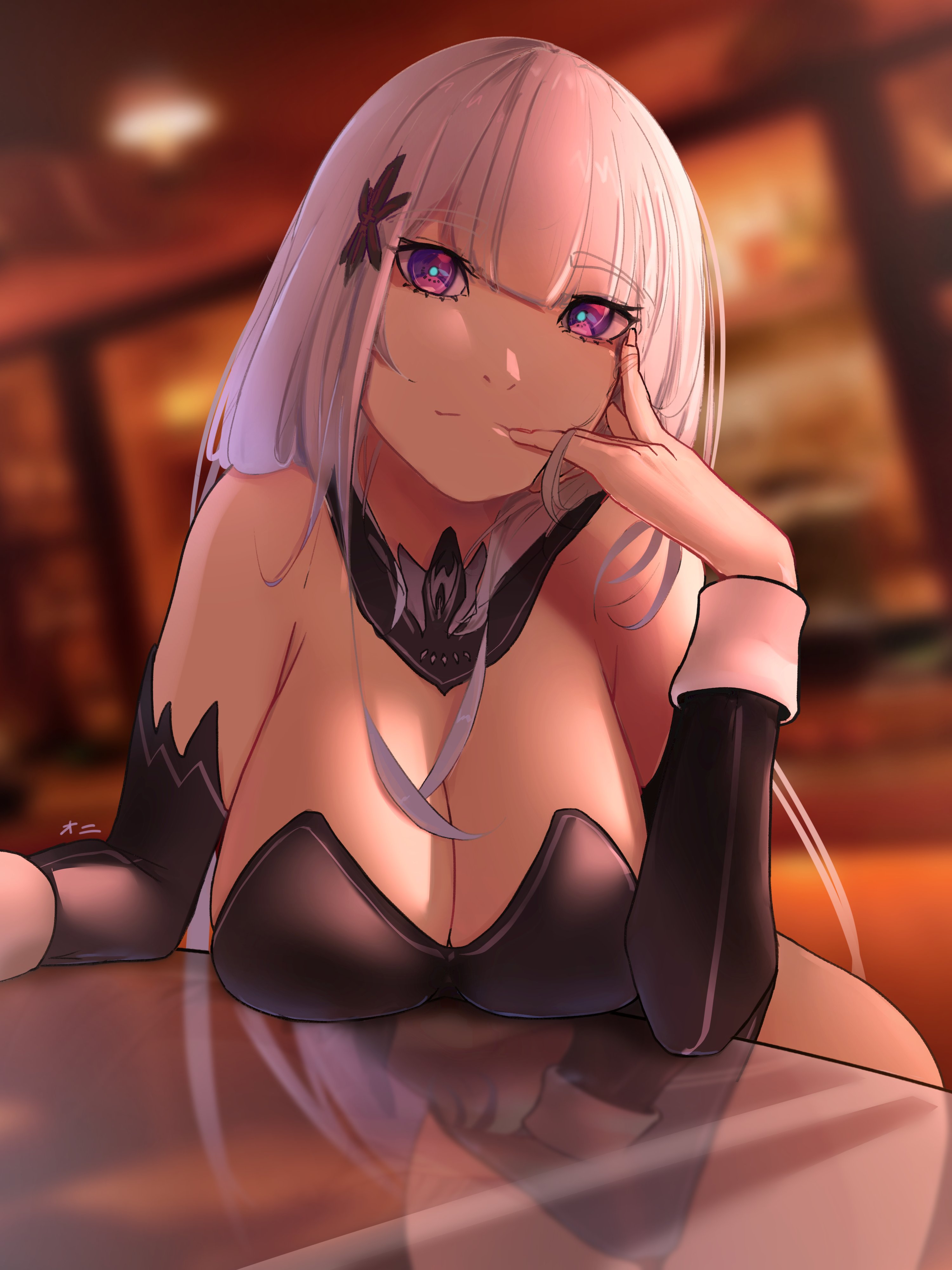 1girls, absurd res, breasts, cleavage, elf, female, finger to mouth, hi res, large breasts, leotard, long hair, looking at viewer, onisereru, purple eyes, re:zero kara hajimeru isekai seikatsu, reflection, satella (re:zero), silver hair, solo, table, thick thighs, wide hips, witch