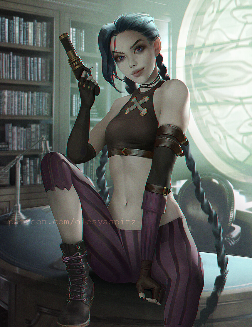 1girls arcane arcane_jinx clothing demon_horns female female_focus female_only firearm footwear handgun handwear human jinx_(league_of_legends) league_of_legends legs_up light-skinned_female midriff olesyaspitz pale_skin realistic small_breasts solo tight_clothing weapon