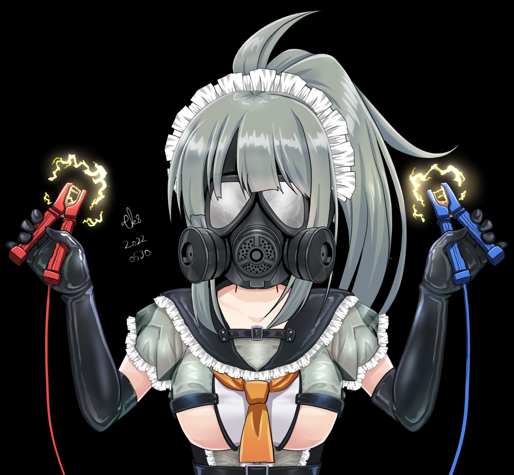 alternate_costume black_gloves breasts elbow_gloves electricity electrodes enmaided female gas_mask gloves green_hair holding kantai_collection large_breasts long_hair maid maid_headdress mask neckerchief orange_neckerchief ponytail rubber_gloves solo tk8d32 upper_body yuubari_(kantai_collection)