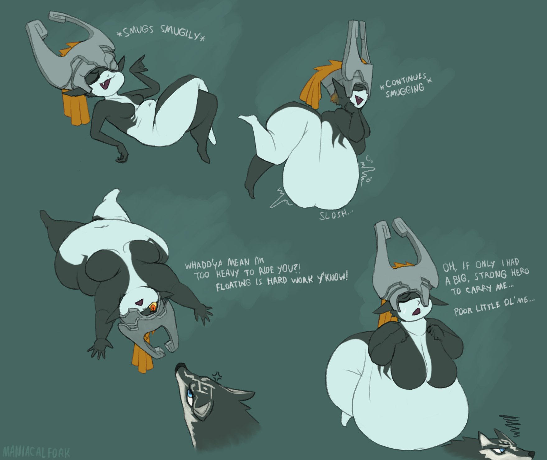 1boy, 1girls, big belly, character sheet, dialogue, english text, fat, female, imp midna, levitation, link, male, maniacalfork, midna, morbidly obese female, nintendo, nude, nude female, obese, obese female, overweight, overweight female, sequence, sequential, shortstack, the legend of zelda, twilight princess, weight gain, wolf link