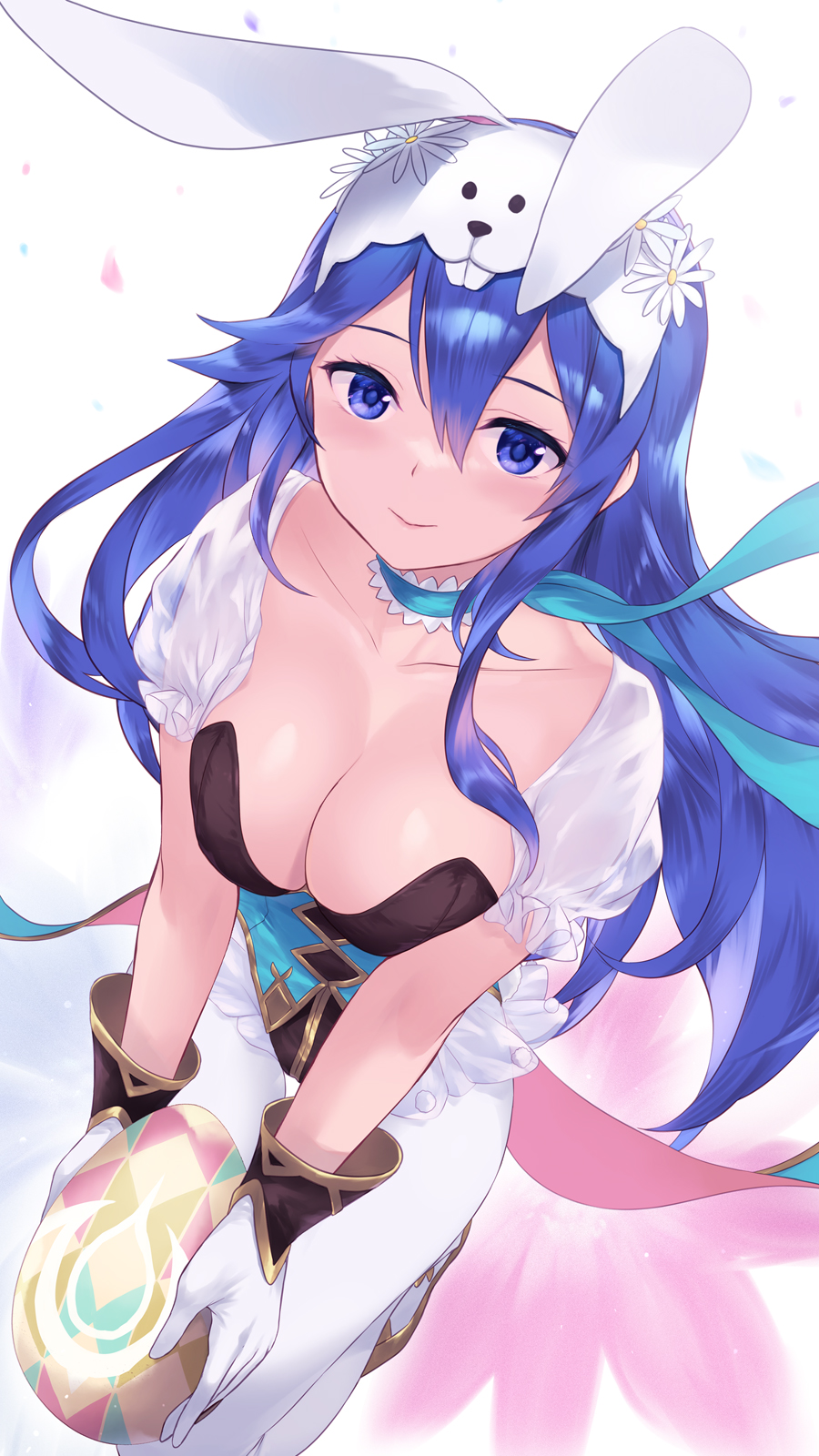 1girls alternate_breast_size alternate_costume animal_ears blue_choker blue_eyes blue_hair blush breasts bunny_ears bunny_girl bunnysuit cait choker cleavage collarbone fake_animal_ears female female_only fire_emblem fire_emblem_awakening fire_emblem_heroes flower frilled_choker frills gloves gold_trim hair_between_eyes hair_flower hair_ornament highres holding large_breasts long_hair looking_at_viewer lucina_(fire_emblem) lucina_(spring)_(fire_emblem) nintendo official_alternate_costume rabbit_ears see-through see-through_sleeves short_sleeves smile solo white_legwear