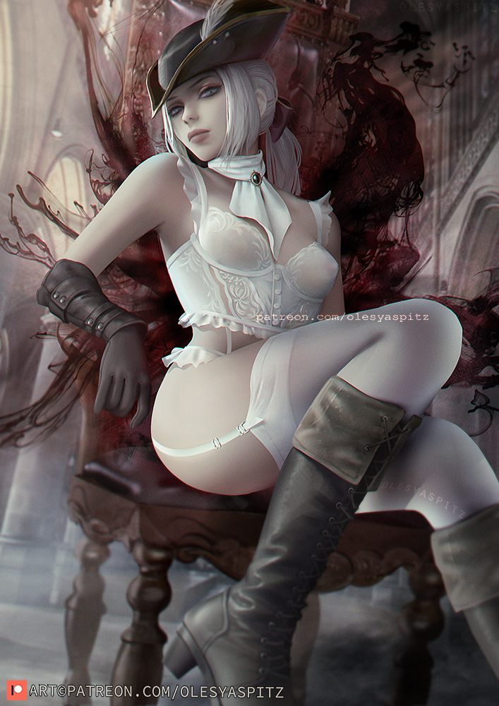 1girls bloodborne boots clothing female female_only fromsoftware hat lady_maria_of_the_astral_clocktower light-skinned_female olesyaspitz painting_(artwork) pale-skinned_female solo stockings tight_clothing white_hair