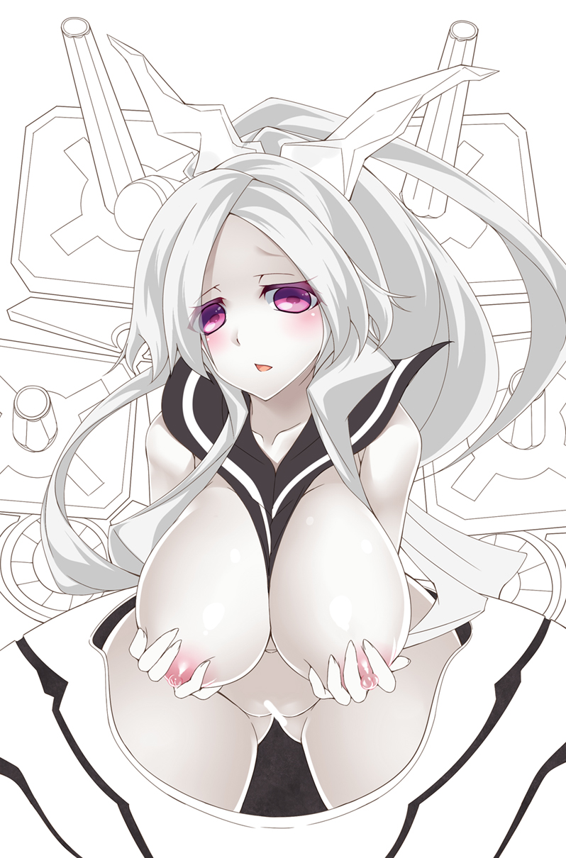 abyssal_ship armored_aircraft_carrier_princess blush breasts female highres kantai_collection large_breasts long_hair looking_at_viewer nakajou nipples photoshop_(medium) purple_eyes shinkaisei-kan solo