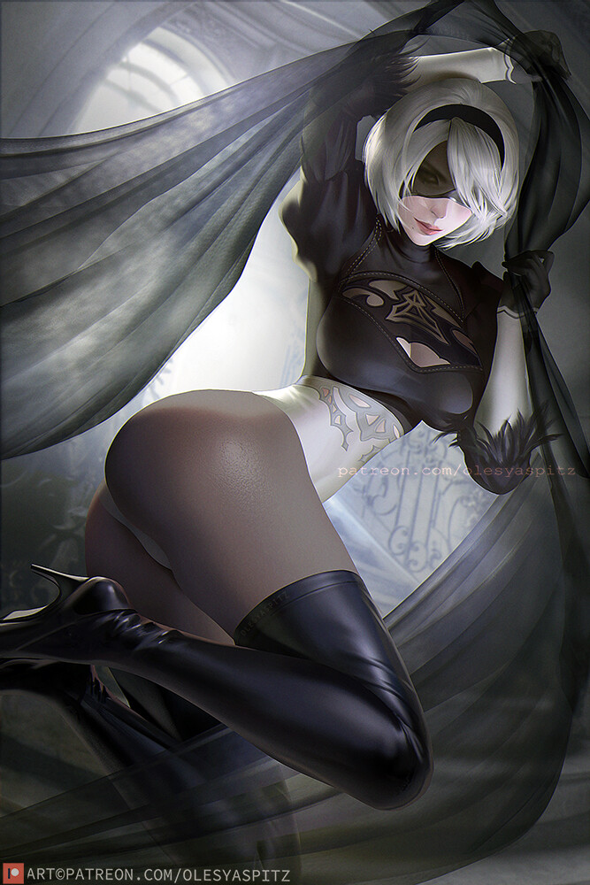 1girls ass ass_focus big_ass big_breasts blindfold boots female female_only high_heels light-skinned_female light_skin nier:_automata olesyaspitz solo stockings yorha_2b