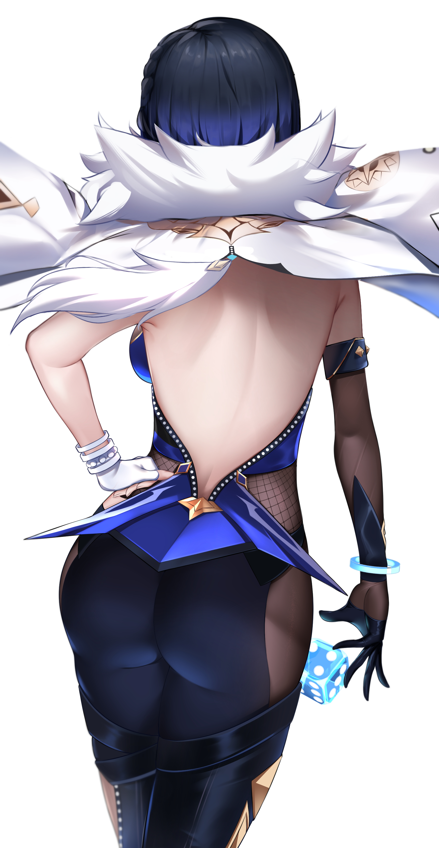 absurdres, ass, asymmetrical gloves, backless outfit, black gloves, black hair, black pants, blue hair, bob cut, braid, breasts, dice, elbow gloves, facing away, female, fingerless gloves, fishnets, from behind, fur trim, fur-trimmed jacket, genshin impact, gloves, hand on hip, highres, hiragi paint, jacket, jacket on shoulders, large breasts, mismatched gloves, multicolored hair, pants, shiny, shiny clothes, shiny hair, short hair, simple background, skin tight, solo, thighs, tight, tight pants, two-tone hair, white gloves, white jacket, yelan (genshin impact)
