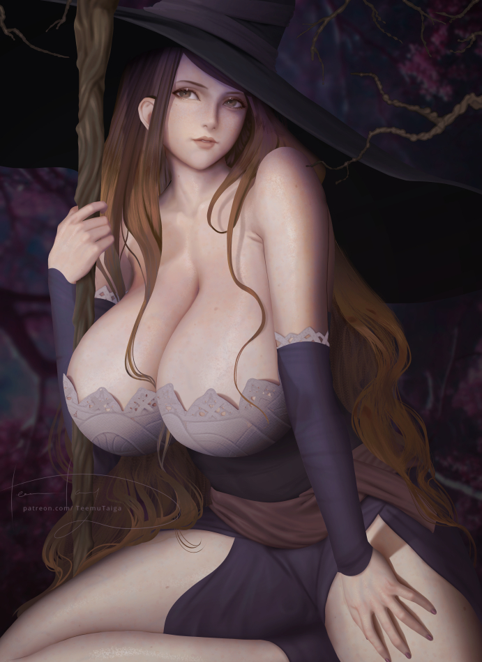 1girls arm_warmers artist_name artist_signature artist_website bare_shoulders breasts brown_eyes brown_hair bursting_breasts cleavage collarbone covered_breasts detached_sleeves dragon's_crown dress enormous_breasts female_focus hat hi_res high_resolution highres holding holding_staff huge_breasts humungous_breasts light-skinned_female lips lipstick long_hair looking_at_viewer massive_breasts matching_hair/eyes matching_hair_and_eyes pale-skinned_female patreon patreon_username red_hair side_slit single_female single_girl sitting smile smiling_at_viewer solo solo_female sorceress sorceress_(dragon's_crown) staff strapless strapless_clothing strapless_dress teemu_taiga topless underbust up_close voluptuous weapon witch witch_hat witch_staff witchcraft