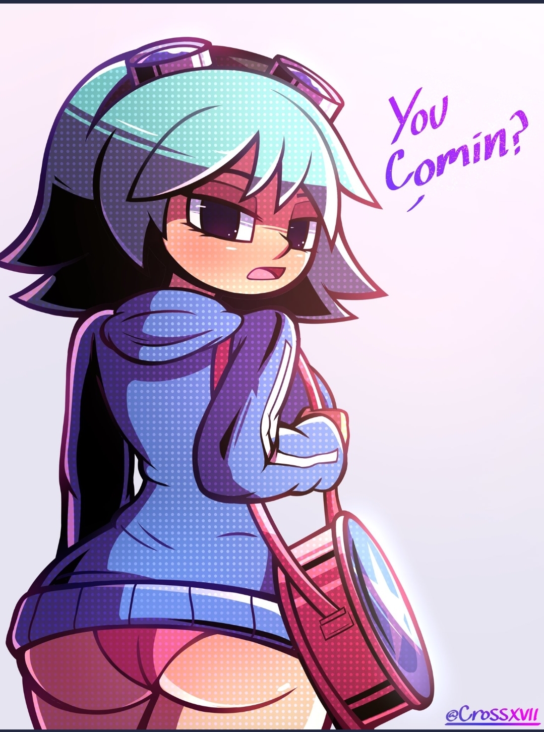 ass, bag, big ass, big breasts, blue hair, blue hoodie, breasts, clothing, crossxvii, eyewear, female, goggles, goggles on head, human, large ass, outerwear, pale skin, panties, pink panties, ramona flowers, scott pilgrim, talking to viewer, thick thighs, thighs, underwear