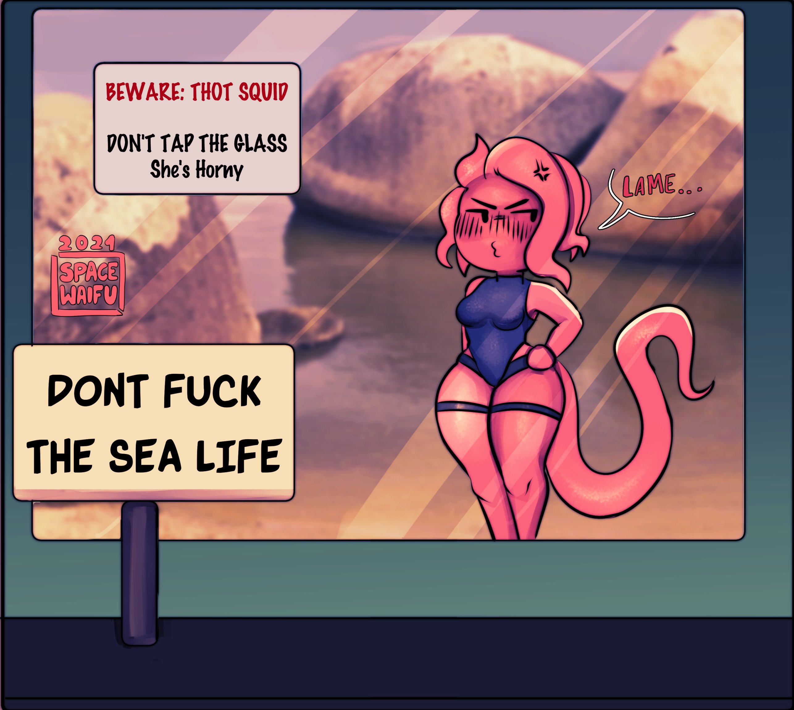 acta, angry, anthro, aquarium, blush, breasts, cephalopod, clothed, clothing, coleoid, decapodiform, detailed background, dialogue, female, hi res, marine, mollusk, partially clothed, pink body, solo, spacewaifu, speech bubble, vivarium