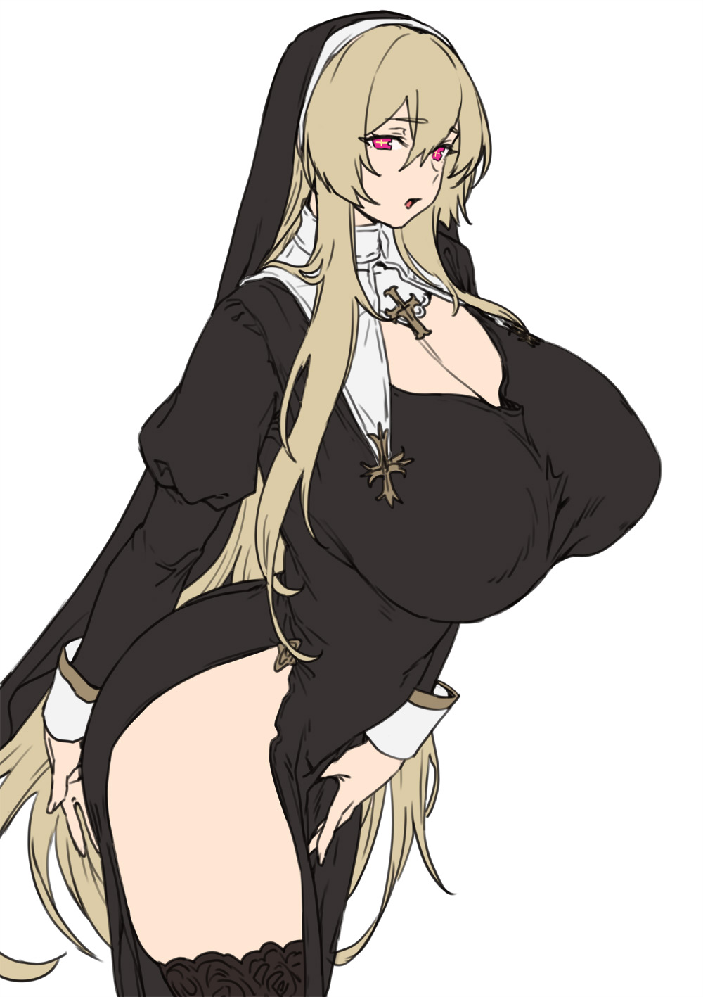 bangs black_dress black_legwear blonde_hair blush breasts cleavage cross dress female habit highres houtengeki huge_breasts long_hair looking_at_viewer nun original red_eyes simple_background solo thighhighs thighs white_background