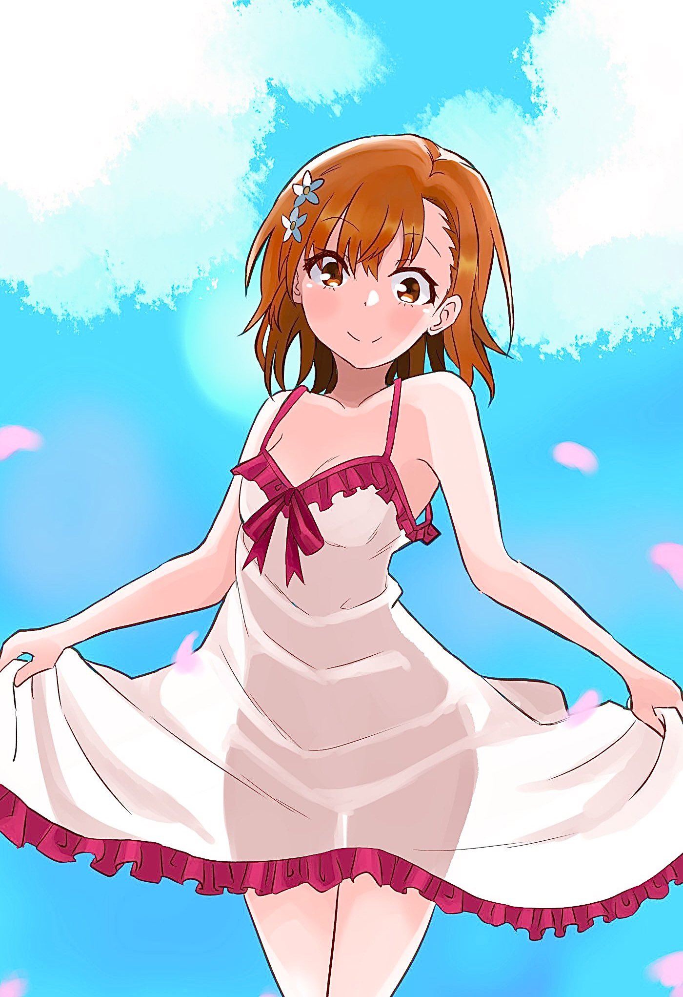 :>, 1girls, 2021, armpits, bare shoulders, bare thighs, blush, breasts, brown eyes, brown hair, cleavage, clothed, clothed female, cloud, collarbone, cute, dress, feet out of frame, female, frog boxed821, hair flower, hair ornament, hi res, hips, human, looking at viewer, misaka mikoto, outdoors, petals, see-through, see-through silhouette, short hair, silhouette, sky, small breasts, smile, solo, solo female, sundress, teenage female, teenager, to aru kagaku no railgun, to aru majutsu no index, young