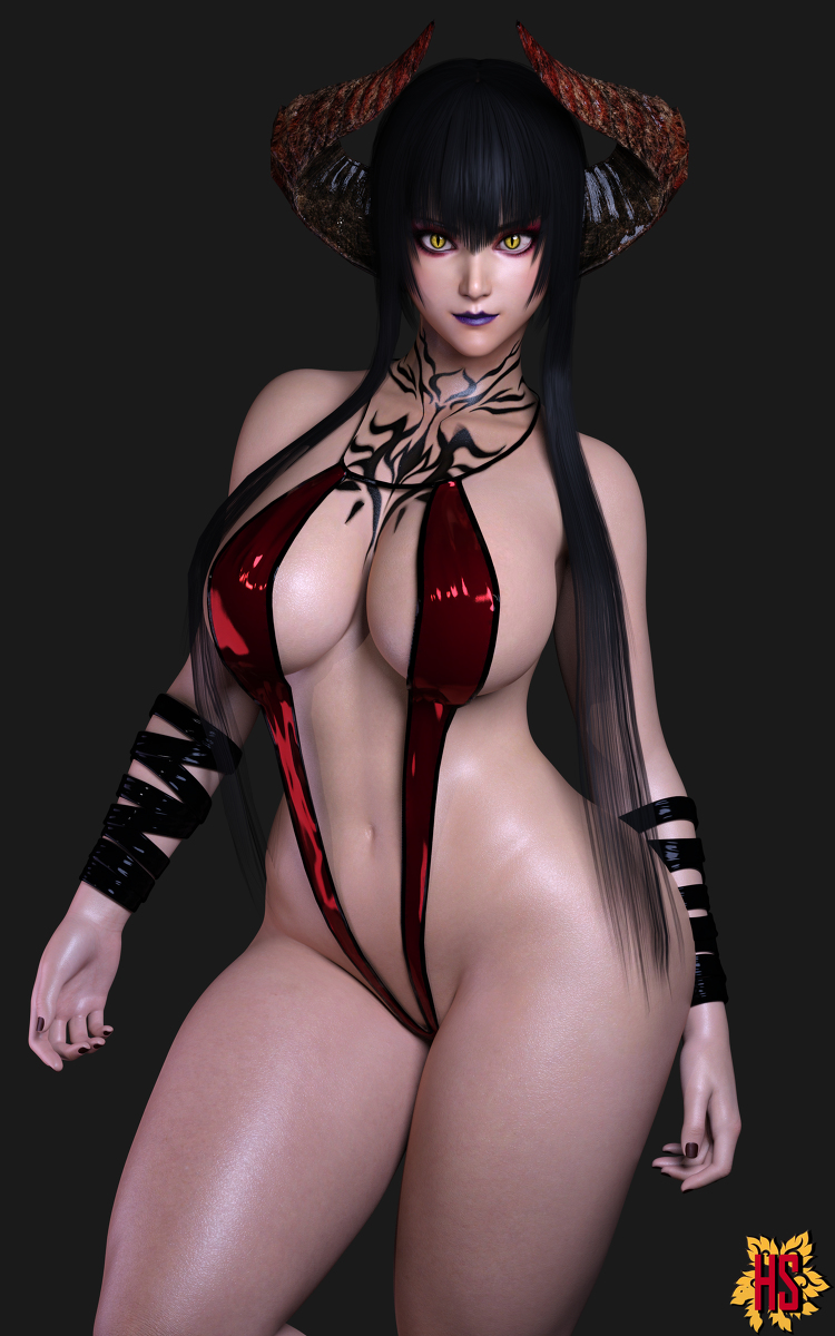 1girls, 3d, big breasts, bikini, breasts, curved horns, eliza (tekken), female, female only, hagiwara studio, horns, sling bikini, solo, swimsuit, tagme, tattoo, tekken, tekken 7, vampire, vampire girl