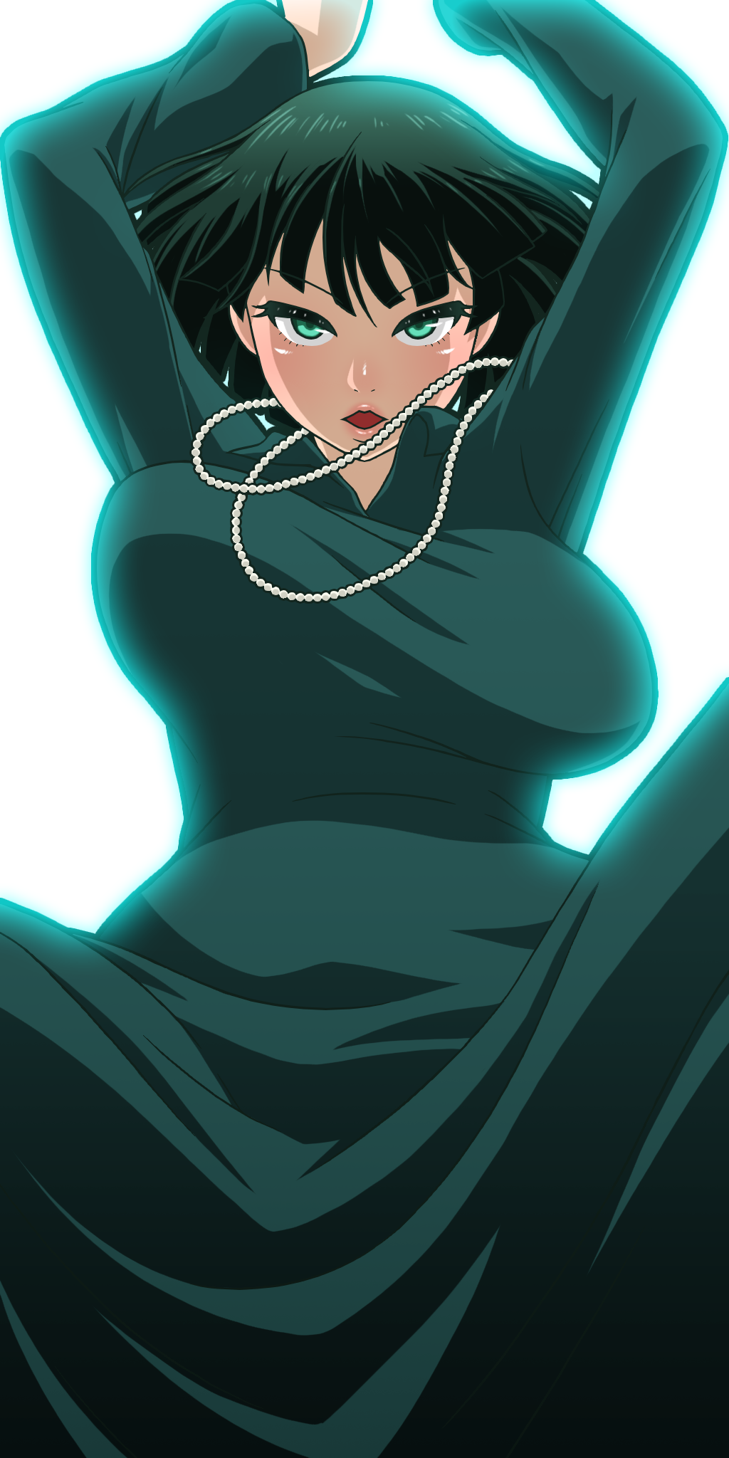 1girls arms_above_head arms_up big_breast boobs breast clothed clothing color colored dress esper eye_contact female female_focus female_only front_view fubuki_(one-punch_man) green_eyes green_hair large_breast light-skinned_female light_skin lips lipstick looking_at_viewer manyakis medium_hair mouth_open necklace one-punch_man pink_lipstick psychic short_hair solo solo_female solo_focus tagme tits transparent_background