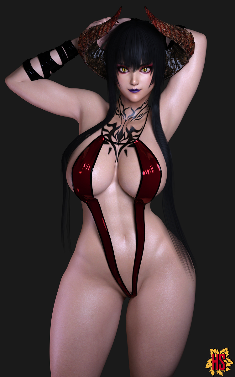 1girls, 3d, big breasts, bikini, breasts, curved horns, eliza (tekken), female, female only, hagiwara studio, horns, namco, sling bikini, solo, swimsuit, tagme, tattoo, tekken, tekken 7, vampire, vampire girl