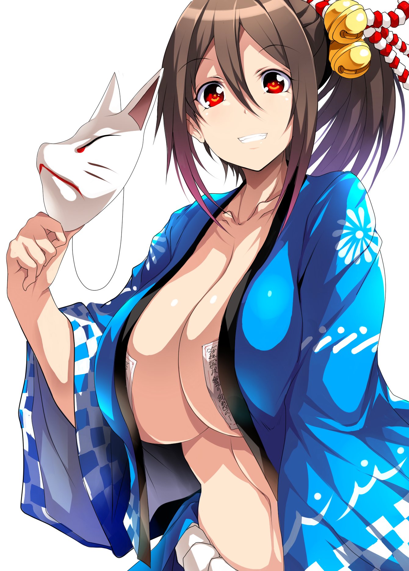 1girls, bangs, bell, blank background, blue kimono, breasts, brown hair, bursting breasts, casual, cleavage, clenched teeth, clothing, collarbone, enormous breasts, eyebrows visible through hair, female, female focus, fox mask, grin, hair bell, hair between eyes, hair ornament, haori, hi res, high resolution, highres, holding, holding mask, huge breasts, human, japanese clothes, kimono, long hair, looking at viewer, mask, massive breasts, navel, no bra, ofuda, ofuda on nipples, open clothes, open kimono, original, outerwear, pale skin, plain background, red eyes, showing teeth, sidelocks, simple background, smile, smiling at viewer, solo, solo female, standing, tape, taped nipples, tsukasawa takamatsu, voluptuous, white background