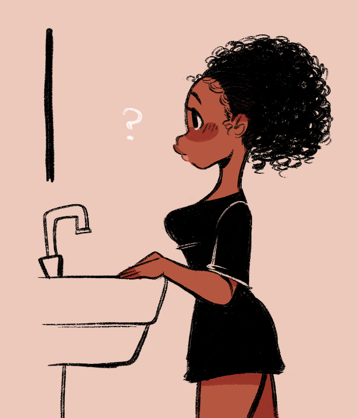 1girls ? afro ass bathroom_sink black_hair black_shirt breasts dark-skinned_female dark_skin female female_focus form_fitting hourglass_figure large_shirt looking_in_mirror ohthesunnyside perky_breasts shirt_dress shirt_only side_view solo solo_female sunny_(ohthesunnyside) thighs