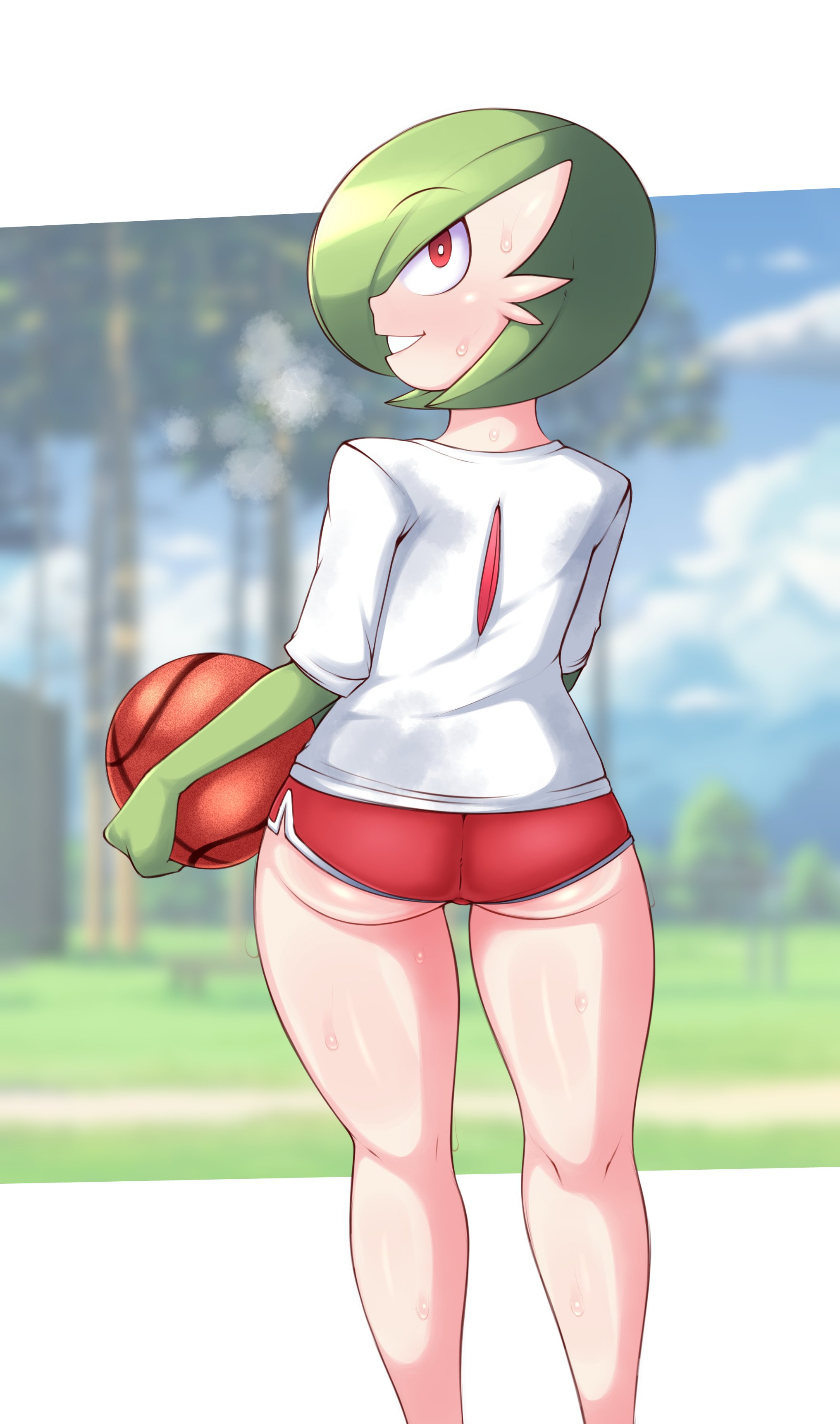 2022, absurd res, anthro, ass, basketball, big ass, big butt, bodily fluids, female, gardevoir, green hair, gym uniform, hi res, humanoid, looking at viewer, looking back, nintendo, park, pokémon (species), pokemon, pokemon (species), saltyxodium, solo, sportswear, sweat, sweatdrop, video games
