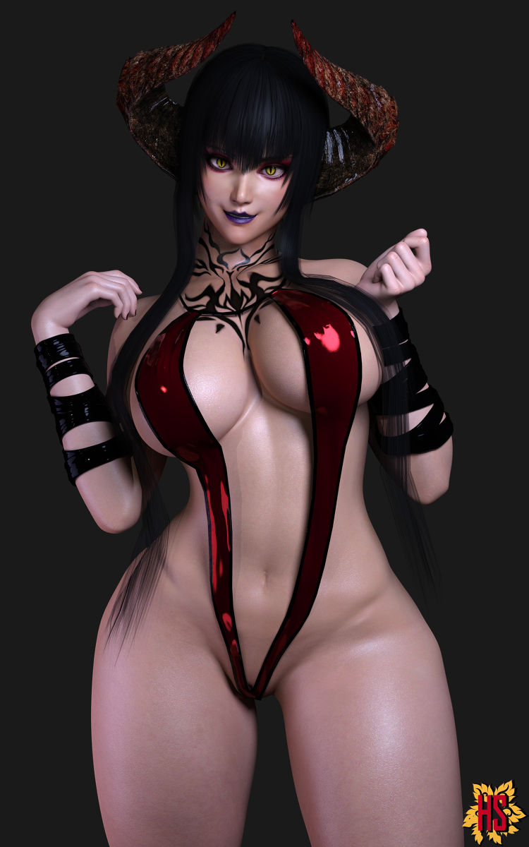 1girls, 3d, alluring, big breasts, bikini, breasts, curved horns, eliza (tekken), female, female only, hagiwara studio, horns, namco, sling bikini, solo, swimsuit, tagme, tattoo, tekken, tekken 7, vampire, vampire girl