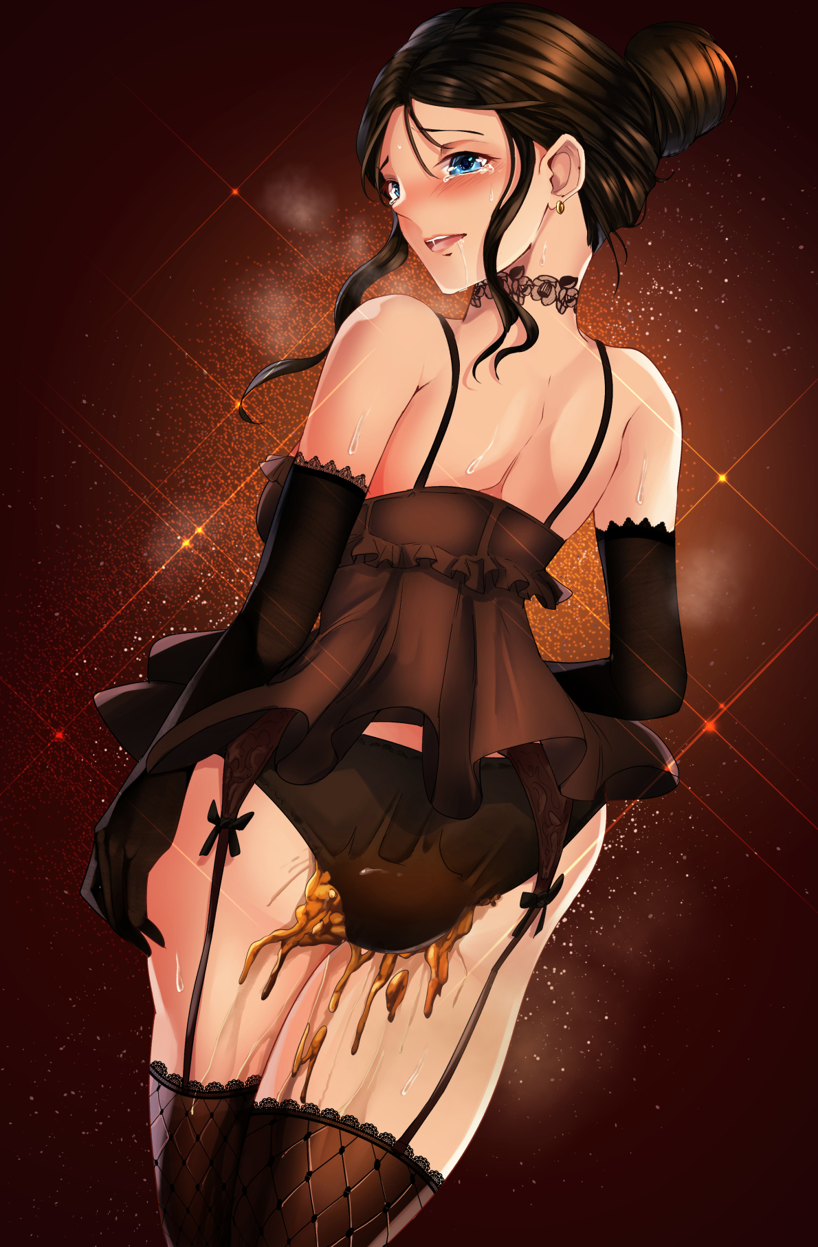 ass, back view, black panties, blue eyes, brown background, brown hair, choker, drooling, fate (series), fate/grand order, female, hair bun, messing, panty poop, scat, shumiao, soiling, spaghetti strap, sweat, tearing up, tears, white skin