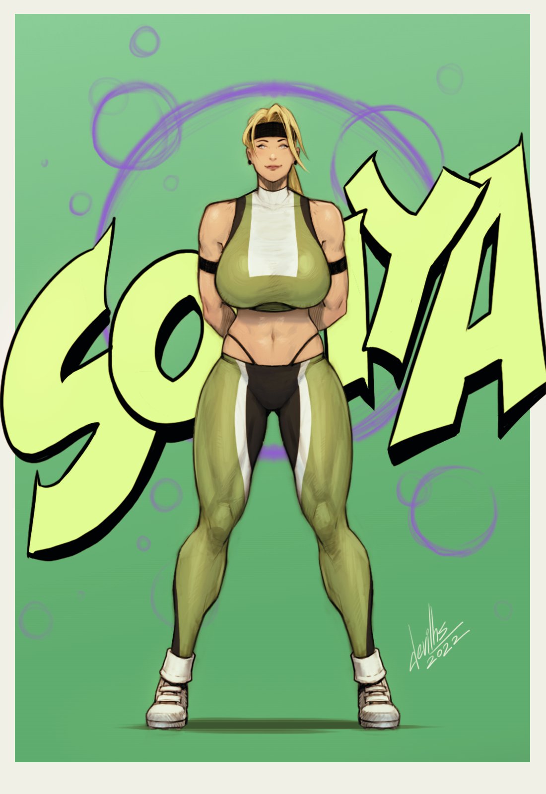 1girls, 2022, 2d, blonde hair, breasts, busty, devil hs, female, female focus, female only, fully clothed, headband, hourglass figure, mortal kombat, pinup, pinup pose, solo, sonya blade, sports bra, sportswear, tagme, thong, whale tail, wide hips