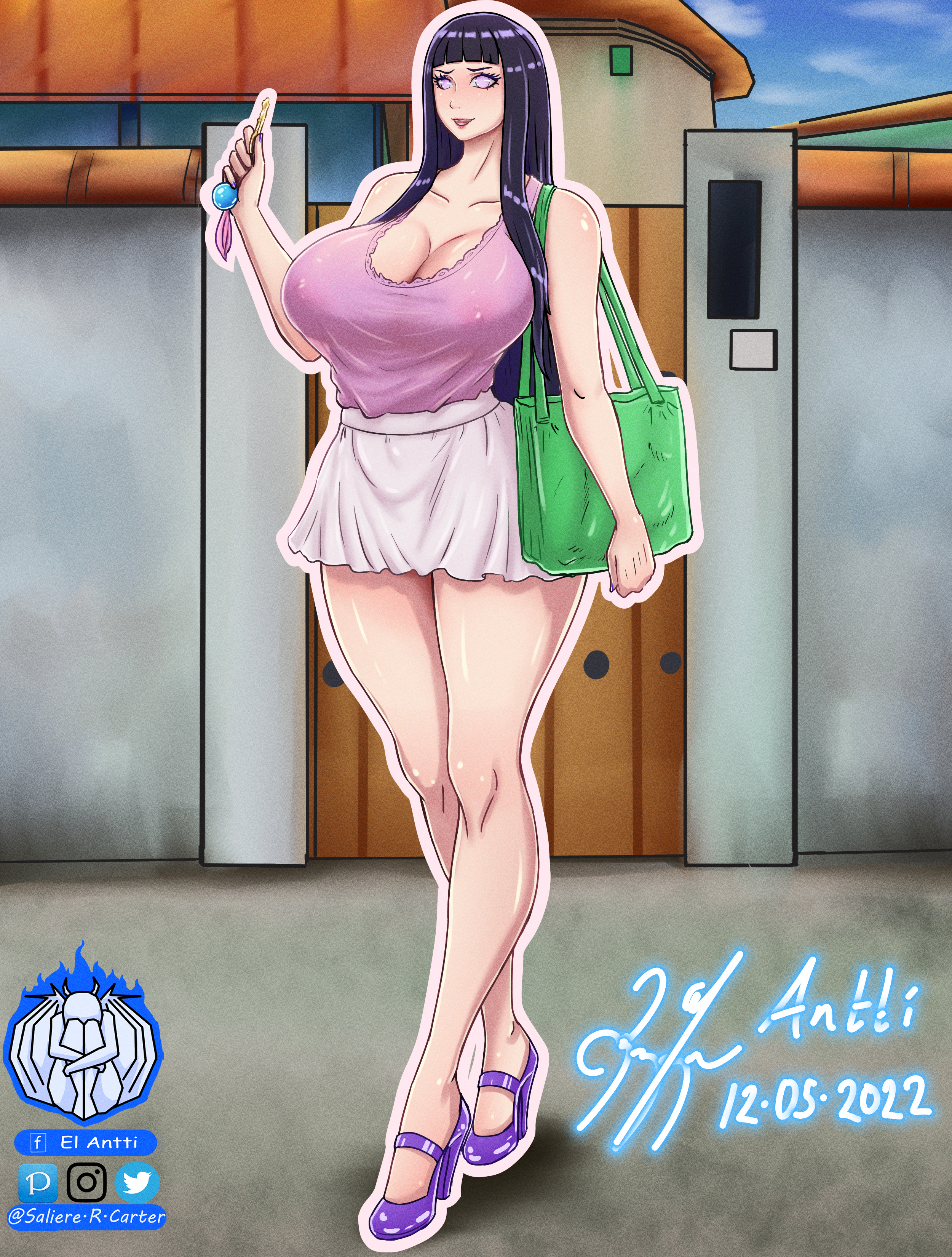 1girls, absurd res, bag, bare arms, bare legs, bare shoulders, big breasts, blush, breasts, busty, cleavage, clothed, clothing, erect nipples, erect nipples under clothes, feet, female, female focus, female only, fully clothed, heels, high heels, hyuuga hinata, large breasts, legs, light skin, light-skinned female, lips, lipstick, long legs, makeup, microskirt, milf, naruto, naruto (series), naruto shippuden, naruto: the last, nipple bulge, nipples, pale skin, pale-skinned female, pink lips, pink lipstick, purple eyes, purple hair, salierer.carter, see-through, see-through clothing, short skirt, shounen jump, skimpy, skimpy clothes, skirt, sleeveless shirt, solo, solo female, solo focus, tank top, voluptuous