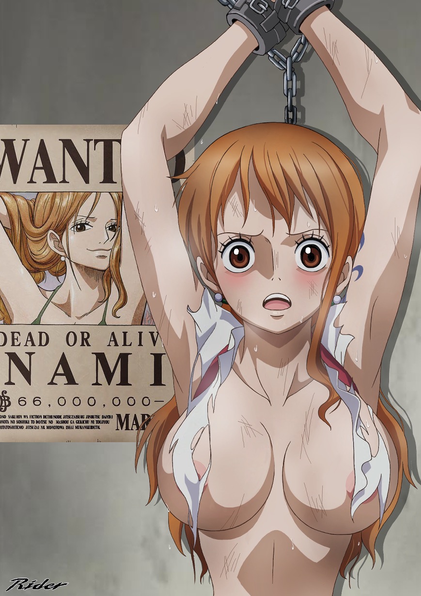 1girls, arm tattoo, blue tattoo, breasts, chained, chains, female, female only, large breasts, nami (one piece), one piece, orange hair, orange-haired female, raida (j5einmnjp3r49k6), ripped clothing, tattoo, tattoo on arm, tattooed arm