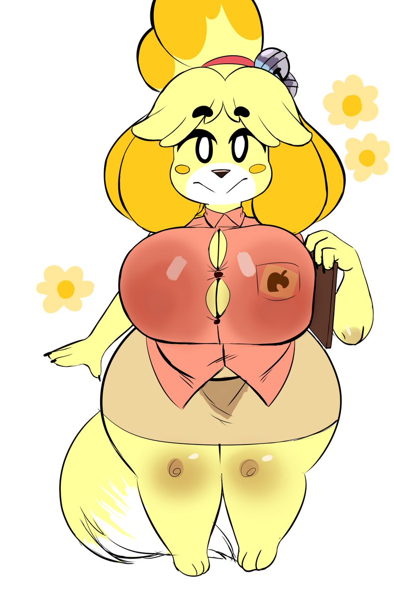 animal crossing, anthro, big breasts, blonde hair, breasts, button gap, buttons, canid, canine, canis, clothed, clothing, female, female only, fur, furry, furry only, hourglass figure, huge breasts, isabelle (animal crossing), isolatedartest, nintendo, shortstack, solo, standing, tagme, tail, thick thighs, wide hips, yellow fur