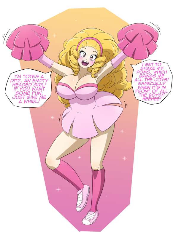 bimbo bimbofication blonde_hair blush brainwashing breasts caelia cheerleader cleavage hi_res hypnosis kobi-tfs large_breasts long_hair looking_at_viewer pink_eyes smiling_at_viewer text