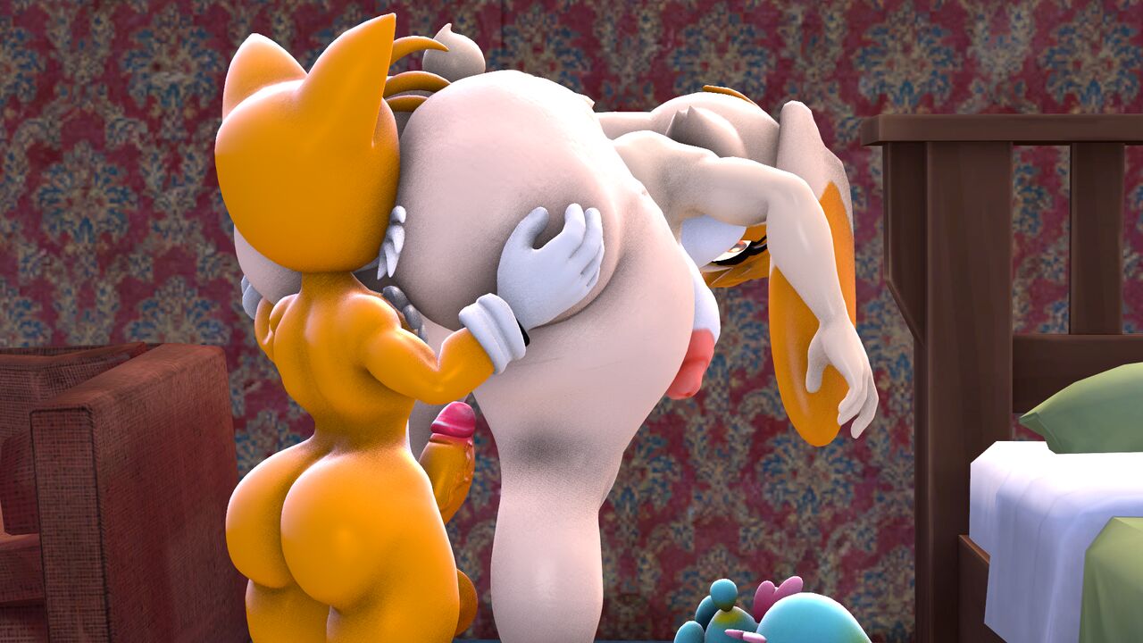 3d ass back_view balls bed bent_over blueapple chao_(sonic) erection face_in_ass furry hands_on_ass huge_areolae huge_breasts huge_nipples long_ears milf mushroom_penis older_woman_and_younger_boy sonic_(series) standing tails vanilla_the_rabbit younger_male