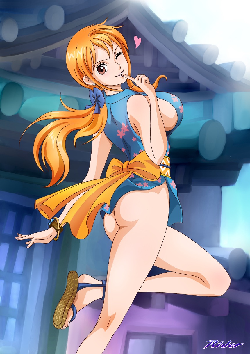 1girls, ass, breasts, dress, female, female only, japanese clothes, looking at viewer, looking back, nami (one piece), no bra, no panties, onami, one piece, orange hair, orange-haired female, raida (j5einmnjp3r49k6), revealing clothes, sideboob, wano country, yukata