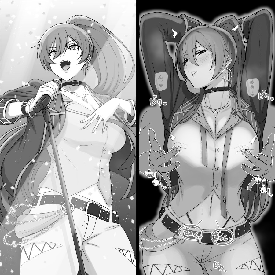 1boy, 1girls, absurd res, absurdres, arms up, bangs, before and after, belt, blush, breasts, cleavage, collar, collarbone, dress shirt, female, greyscale, guhanshounen, hair between eyes, hetero, high ponytail, highres, idolmaster, idolmaster shiny colors, jacket, jewelry, large breasts, long hair, long sleeves, looking at viewer, male, microphone, microphone stand, monochrome, necklace, nipple tweak, open clothes, open jacket, open mouth, parted lips, pokies, ponytail, shirase sakuya, shirt, smile