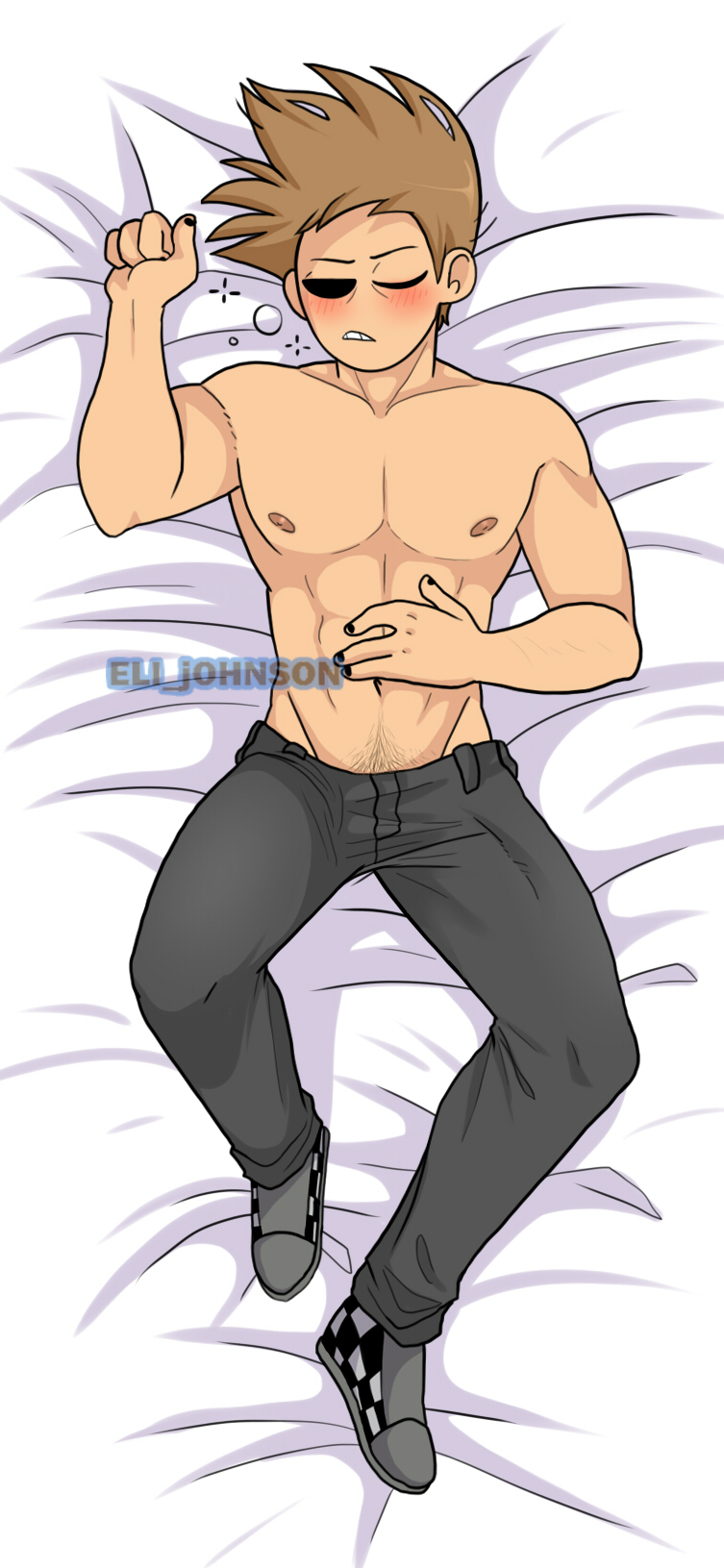 1boy abs bed black_body body_pillow eddsworld eli_johnson half_naked humanoid male male_only male_pubic_hair muscles muscular_male no_visible_genitalia noseless pants pecs pubes smooth_skinned_male solo tom_(eddsworld) white_background