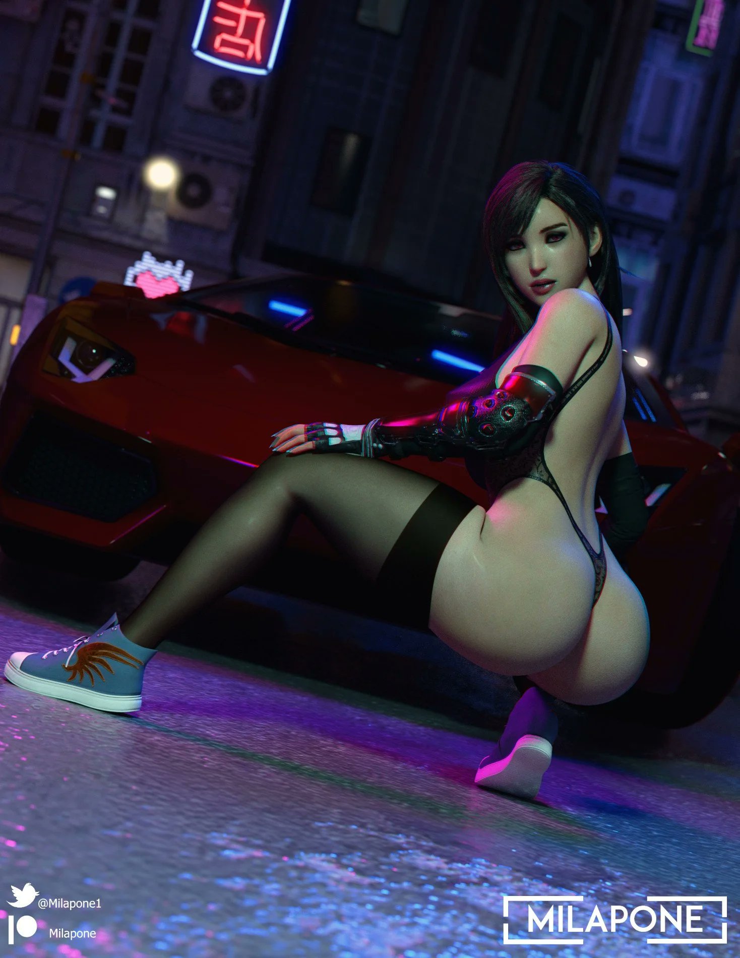 1girls, 3d, air conditioner, artist logo, ass, big ass, black hair, blue nails, breasts, car, city, city lights, cityscape, earrings, female, female only, final fantasy, final fantasy vii, final fantasy vii remake, gloves, huge ass, huge breasts, large ass, large breasts, leggings, lingerie, lipstick, long hair, looking at viewer, milapone, neon lights, neon sign, painted nails, red eyes, red lips, red lipstick, road, shaking ass, shaking butt, showing ass, showing off, sign, skyscraper, sneakers, solo, swimsuit, thick ass, thick thighs, thighhighs, thong, tifa lockhart, twerking, voluptuous