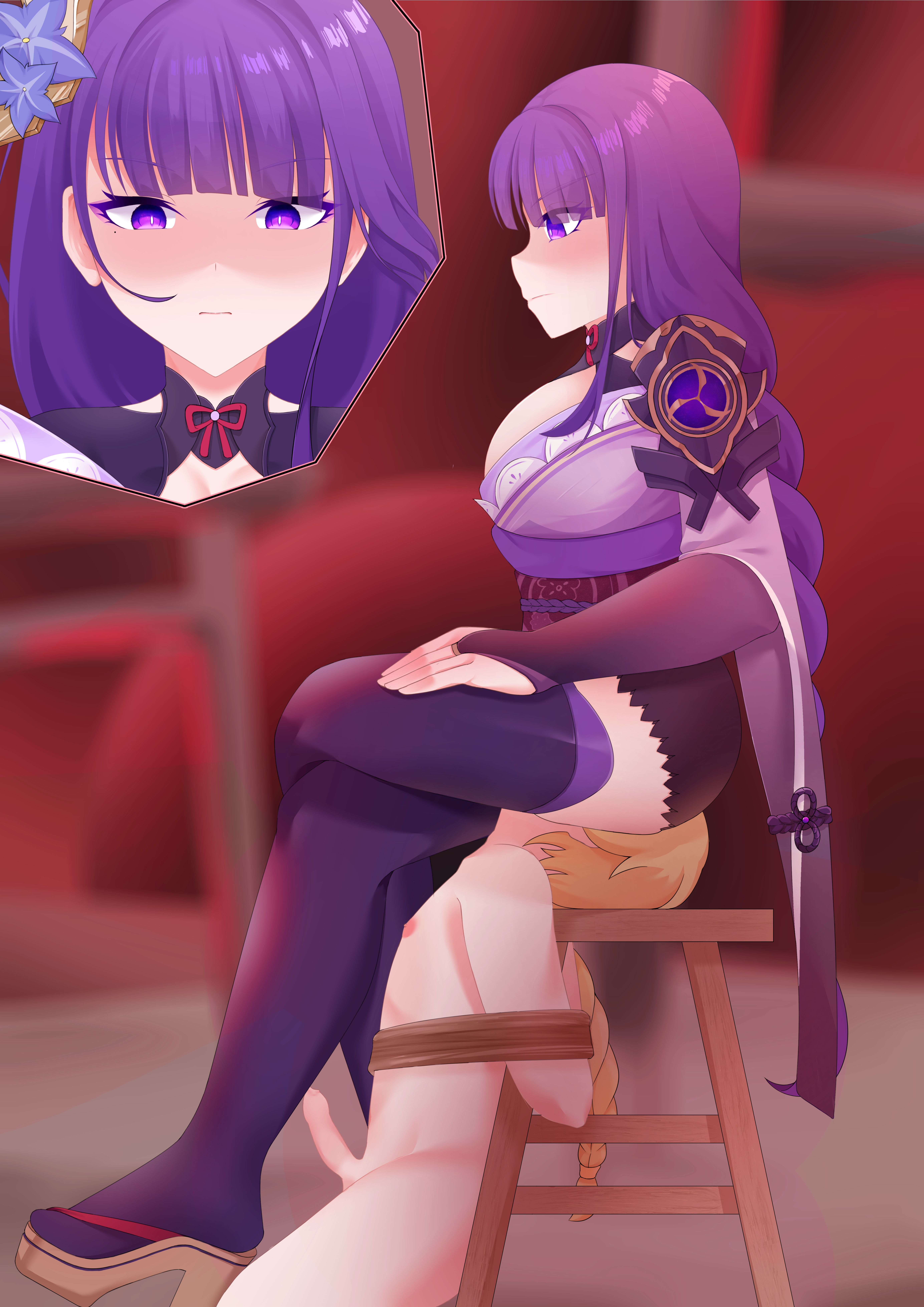 1boy, 1girls, aether (genshin impact), age difference, blonde hair, bondage, dominant female, domination, drawing, facesitting, female, femdom, genshin impact, long hair, male, mihoyo, penis, purple hair, raiden shogun, taller female, tied to chair, tied up