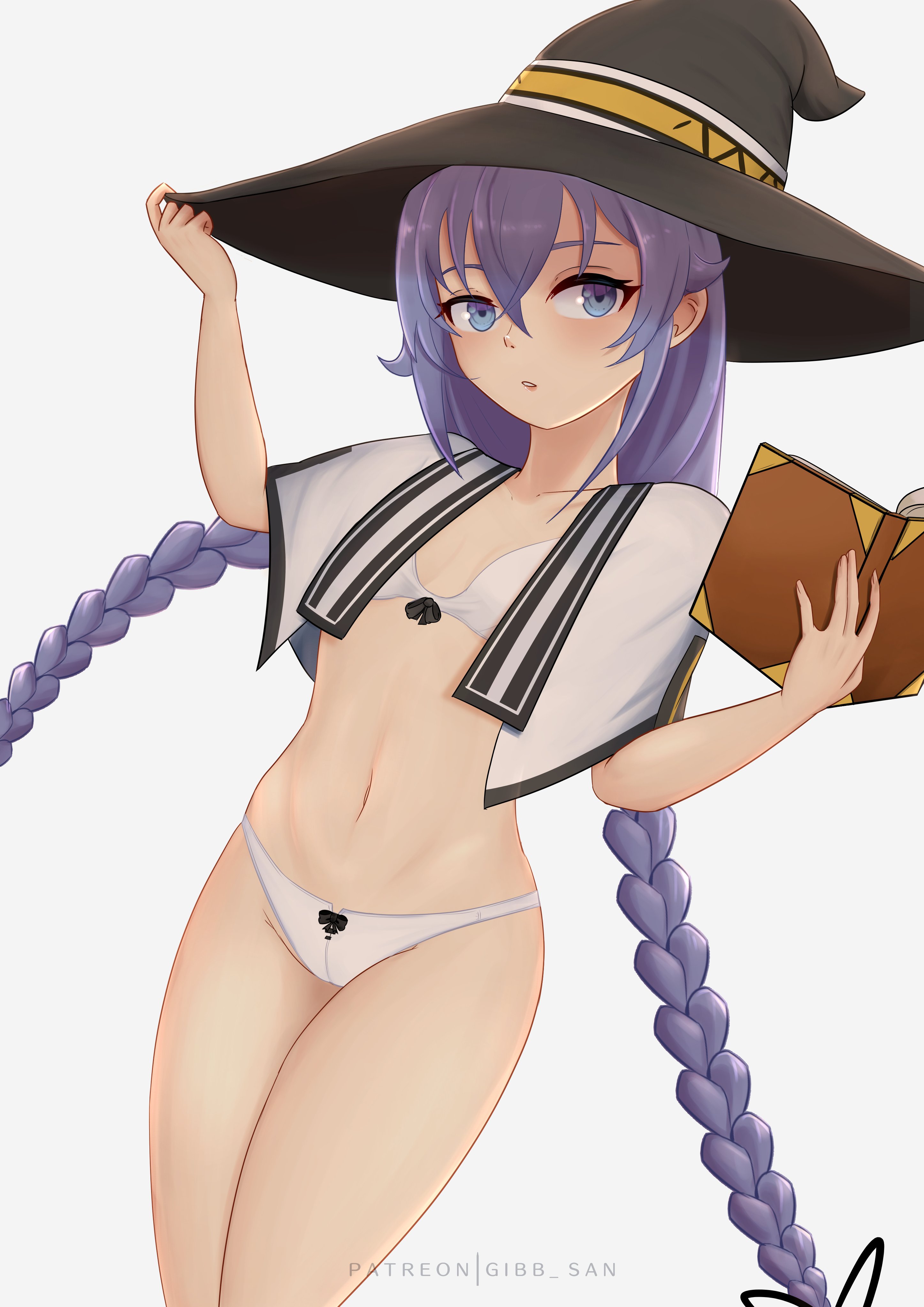 1girls, blue eyes, blue hair, book, braided hair, breasts, cloak, cloak only, female, female only, gibb san, hat, holding object, light skin, light-skinned female, looking at viewer, mushoku tensei, roxy migurdia, small breasts, solo, solo female, thick thighs, twin braids, underwear, underwear only, white background, witch hat