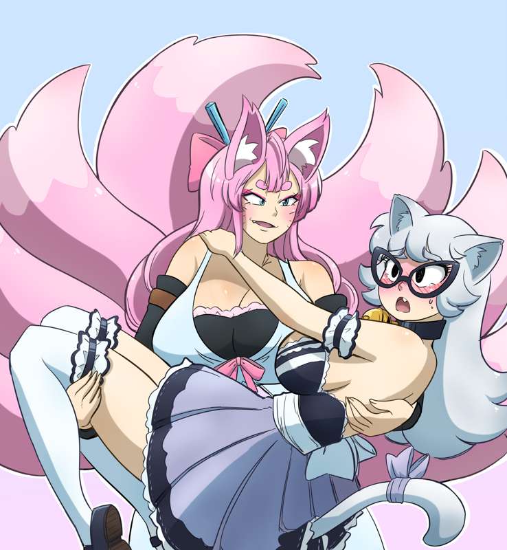 bell_collar blush breasts catgirl cleavage collar emie_(kobi) fox_girl glasses hi_res kitsune kobi-tfs long_hair multiple_tails pink_eyes silver_hair tail thighhighs yuri