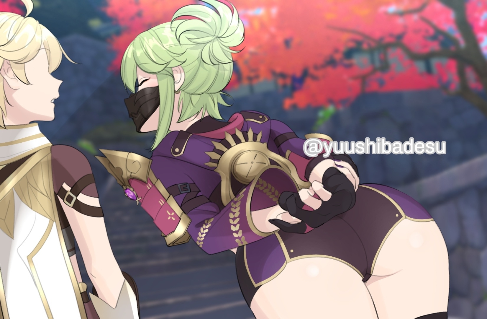 1girls, aether (genshin impact), ass, ass focus, bent over, booty shorts, female, from behind, genshin impact, green hair, kuki shinobu, mask, ninja, ponytail, shorts, yuushiba