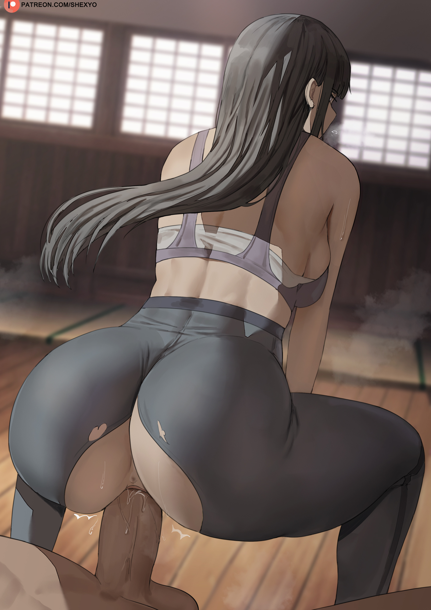1boy, 1girls, 2022, anus, ass, ass focus, ass shot, back, back view, backboob, big ass, black hair, breasts, bubble ass, bubble butt, female, female penetrated, hi res, hips, huge cock, hyuuga hinata, indoors, long hair, male, male penetrating, naruto, naruto (series), naruto shippuden, penis, pussy, reverse cowgirl position, riding, sex, shexyo, slim waist, sports bra, sportswear, thick thighs, thighs, torn clothes, uncensored, vaginal penetration, wide hips, yoga pants