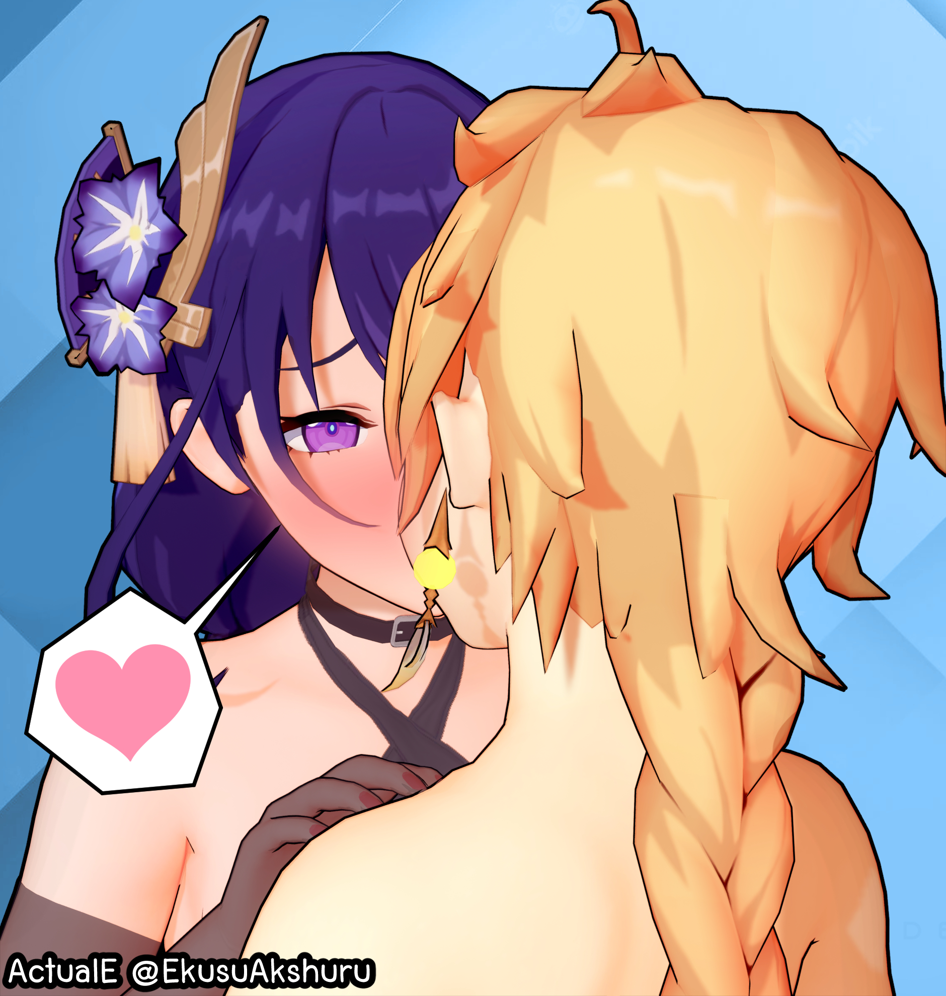 1boy, 1girls, 3d, 3d (artwork), actuale, aether (genshin impact), blonde hair, blush, female, genshin impact, heat, kissing, koikatsu, long hair, male, mihoyo, pleasure face, purple hair, raiden shogun