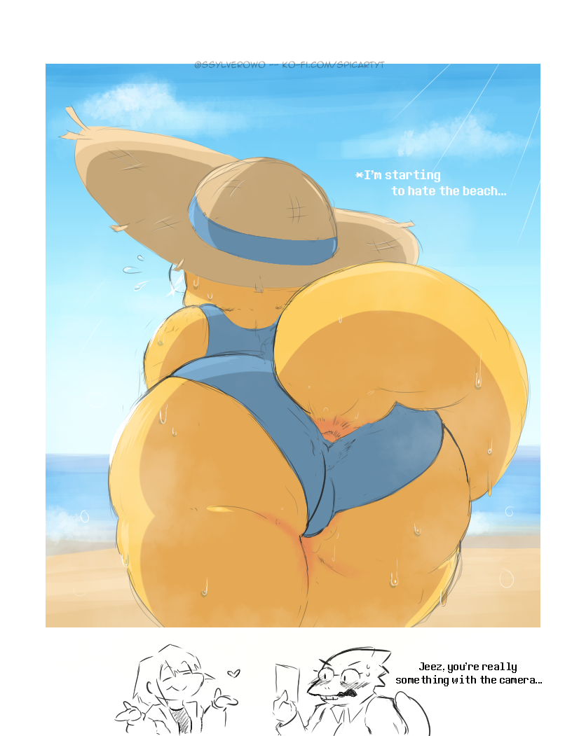 1girls, 2d, accidental exposure, alphys, anus, anus peek, artist request, chubby, english text, female, hat, humanoid, ssylverow0, swimsuit, tagme, talking, text, undertale, undertale (series), wardrobe malfunction